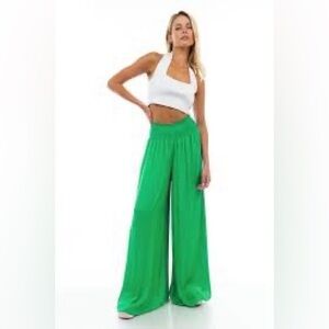 VENTI6 Vibrant kelly green silk blend wide leg palazzo pants size S